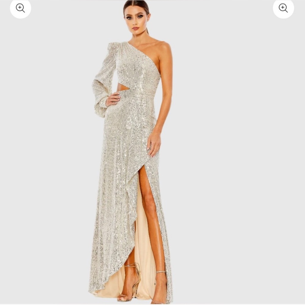 IEENA FOR MAC DUGGAL Silver Sequined One Shoulder Cut Out Gown size 12
